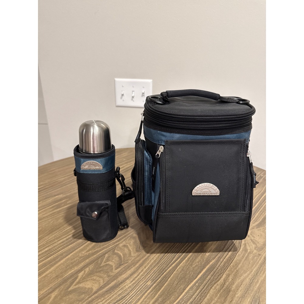 California Innovations Lunch Bag Thermos Set Black Blue Insulated Cup Holder